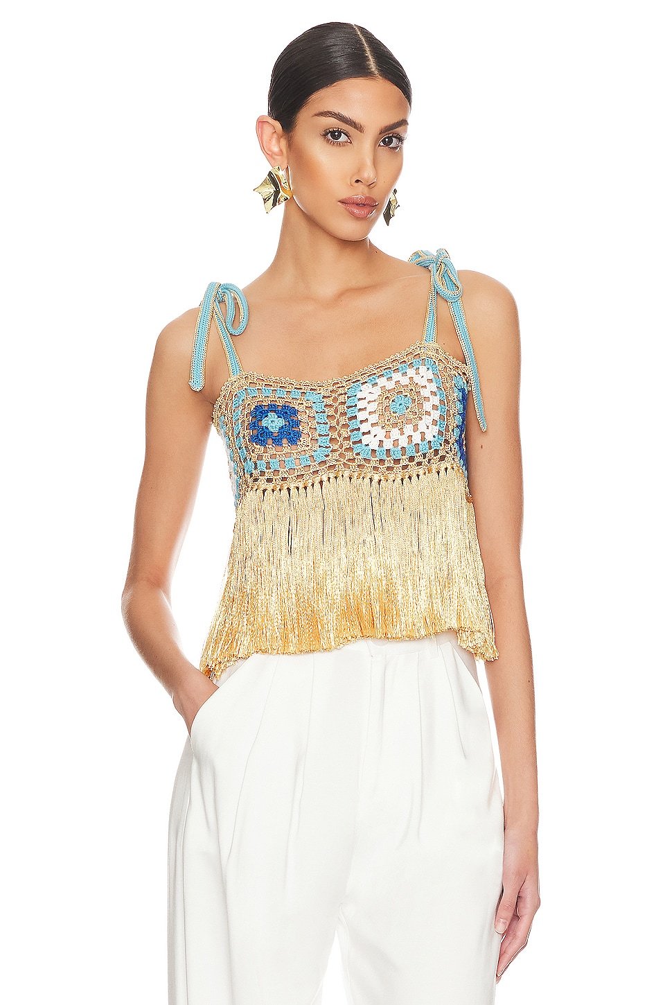 

Топ My Beachy Side Hand Crochet Patchwork Fringe Crop, цвет Malibu Blue