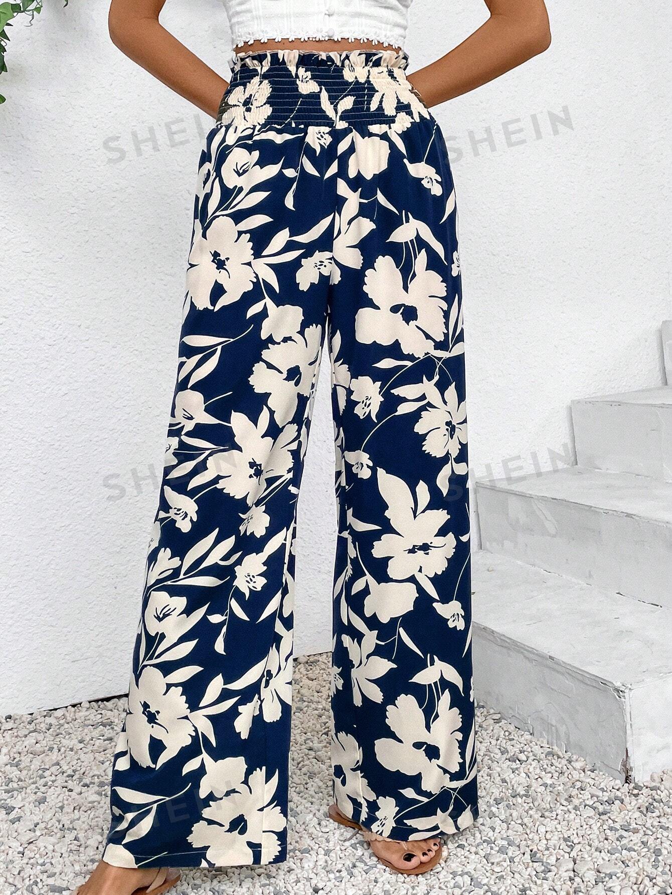 SHEIN VCAY Широкие брюки с высокой талией и цветочным принтом, королевский синий брюки la redoute широкие с принтом и высокой талией jerry 2 m бежевый