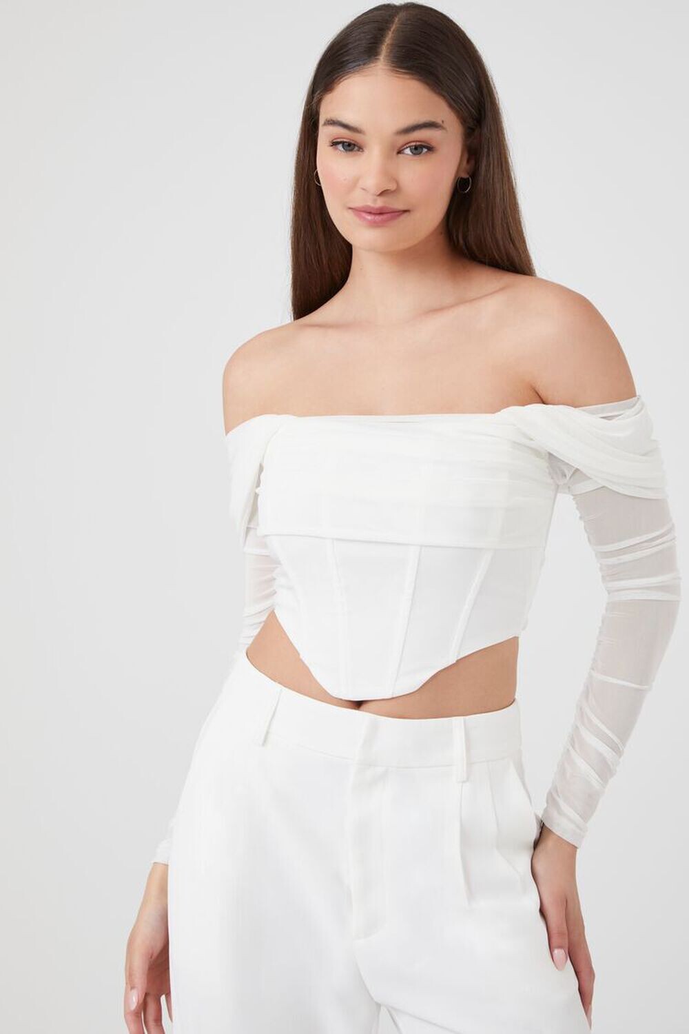 

Укороченный сетчатый топ с открытыми плечами Forever 21, белый