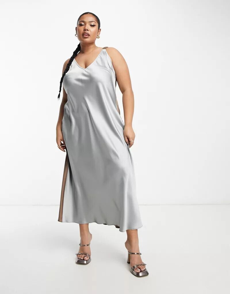 

Атласное платье миди серого цвета и цвета мокко с колор-блоками ASOS DESIGN Curve с эластичными бретелями сзади