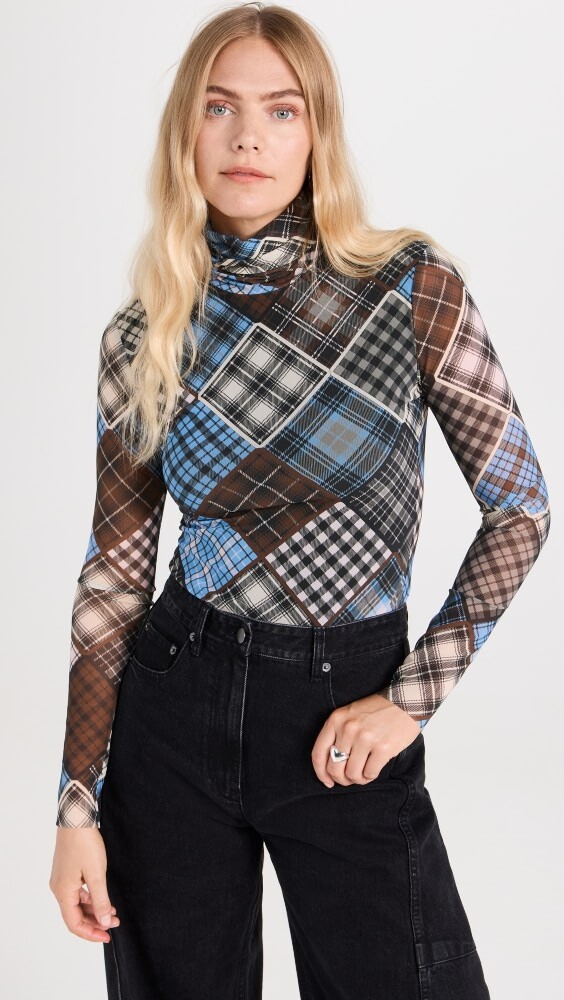 

Топ GANNI Printed Mesh Long Sleeve Rollneck, серебряный