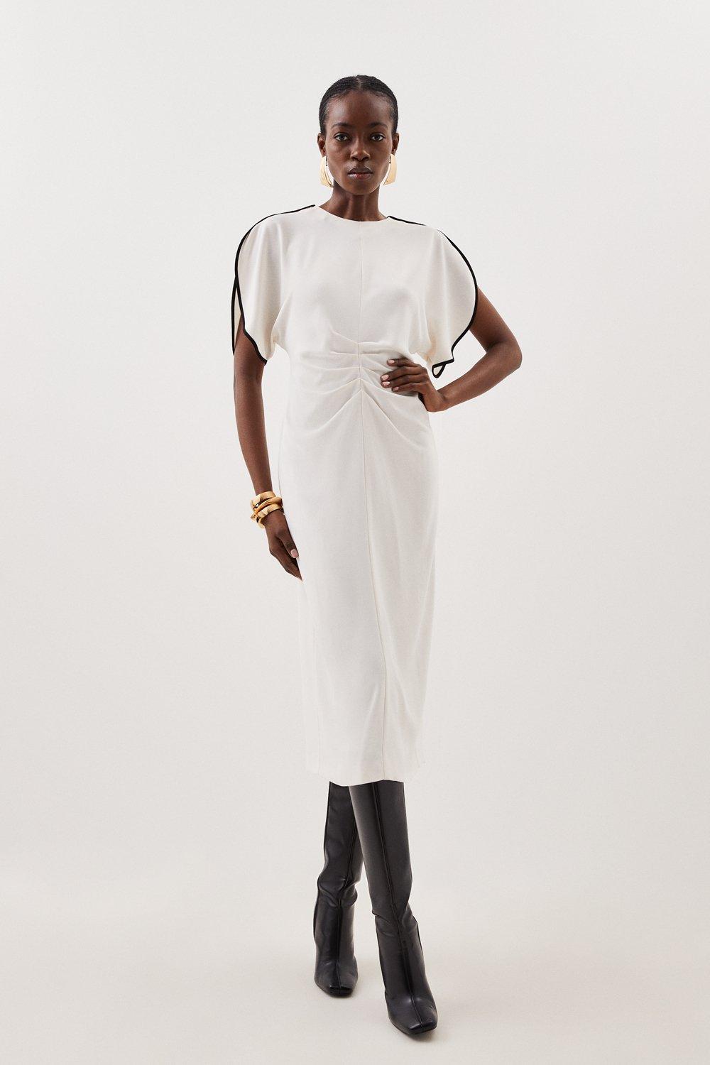 Мягкое платье миди со сборками спереди и контрастными деталями на кончике Karen Millen, белый