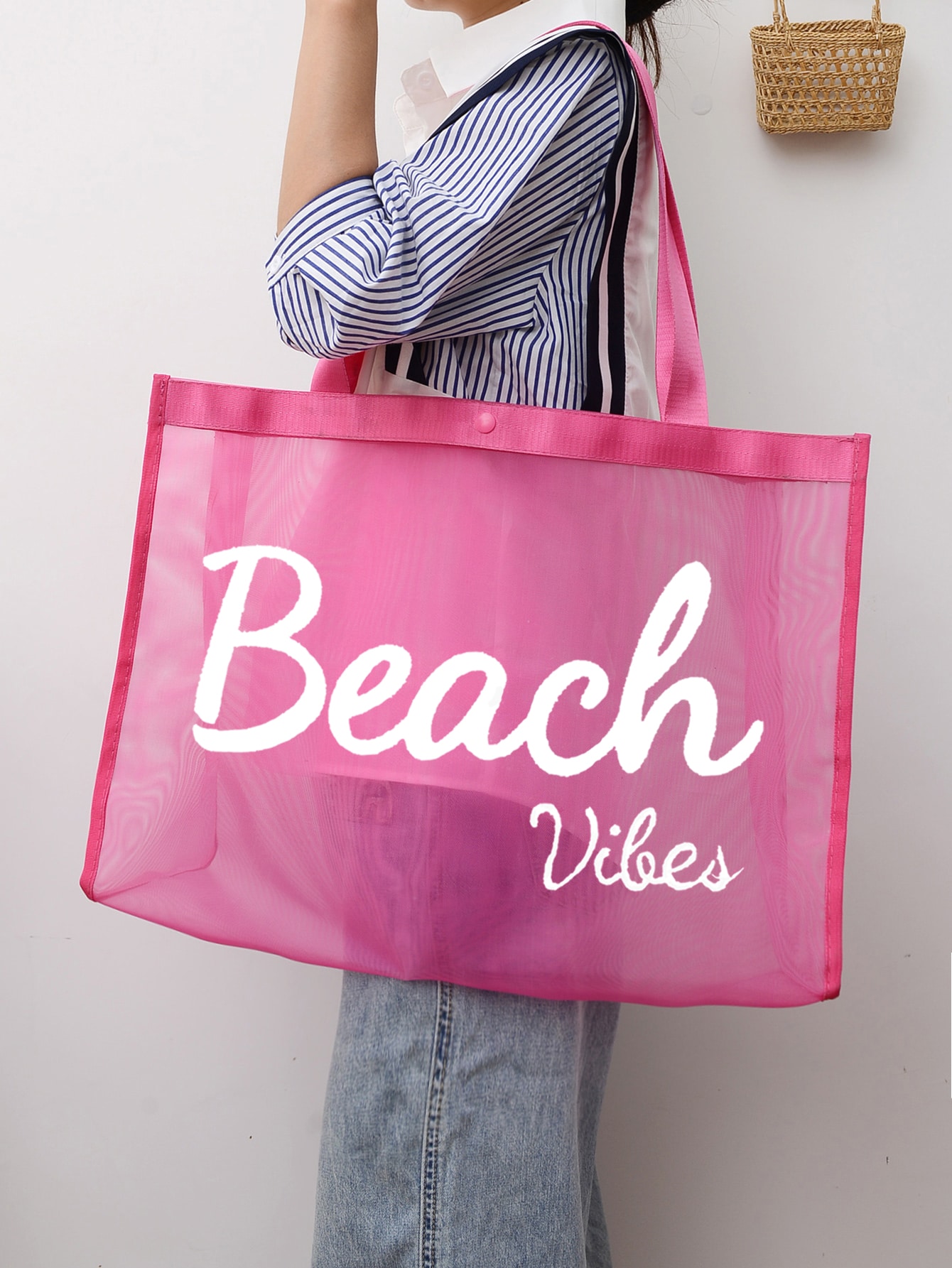 пуховик большой емкости для отдыха бежевый Портативная большая сумка для пляжного отдыха с буквенным принтом большой емкости для девочек-подростков, розовый