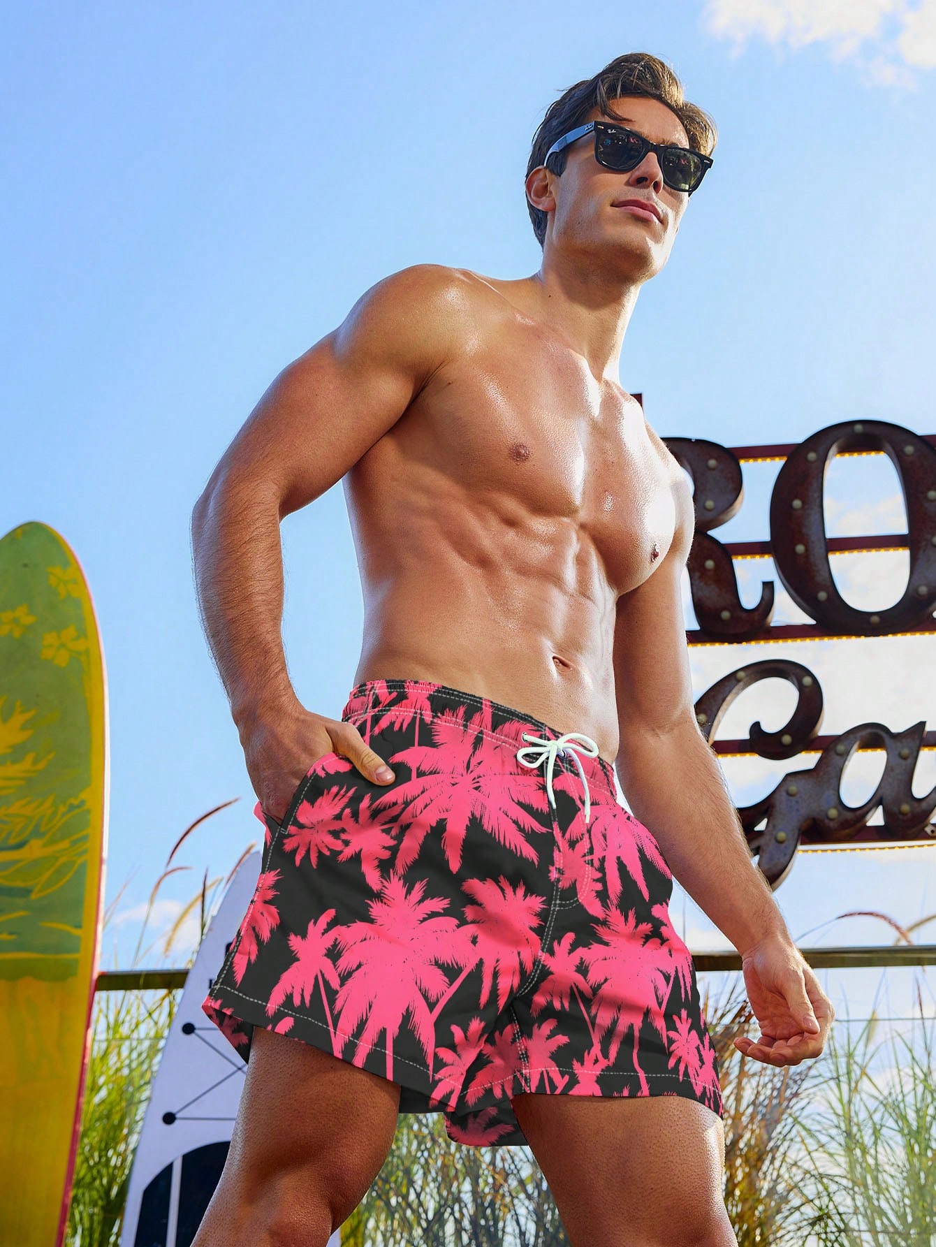 Мужские розовые пляжные шорты с завязками на талии Manfinity, ярко-розовый мужские пляжные шорты мужская одежда для плавания шорты для плавания пляжные шорты для доски штаны для плавания костюмы для плавания сп