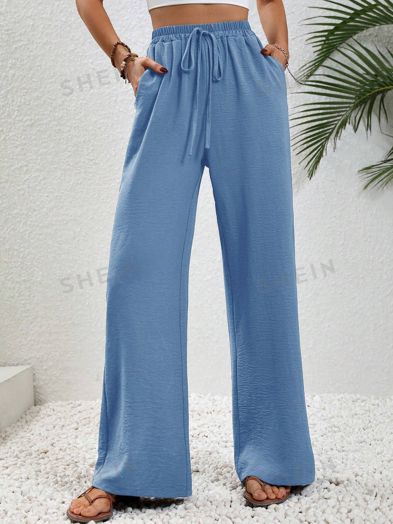 цена SHEIN LUNE женские однотонные длинные брюки с завышенной талией и завязками на талии и карманами, синий