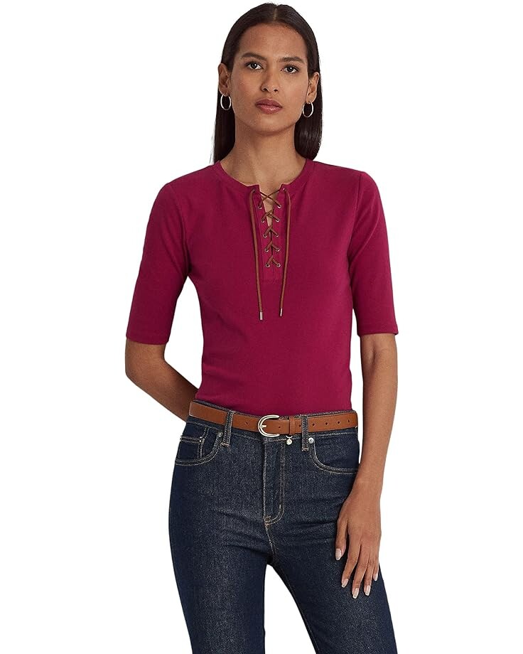 

Футболка LAUREN Ralph Lauren Lace-Up Stretch Cotton, фуксия, Розовый
