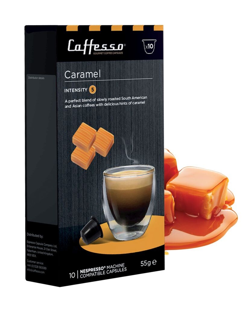 

Caffesso Caramel Набор из 10–100% капсул, совместимых с кофемашинами Nespresso, DeLonghi и Krups.