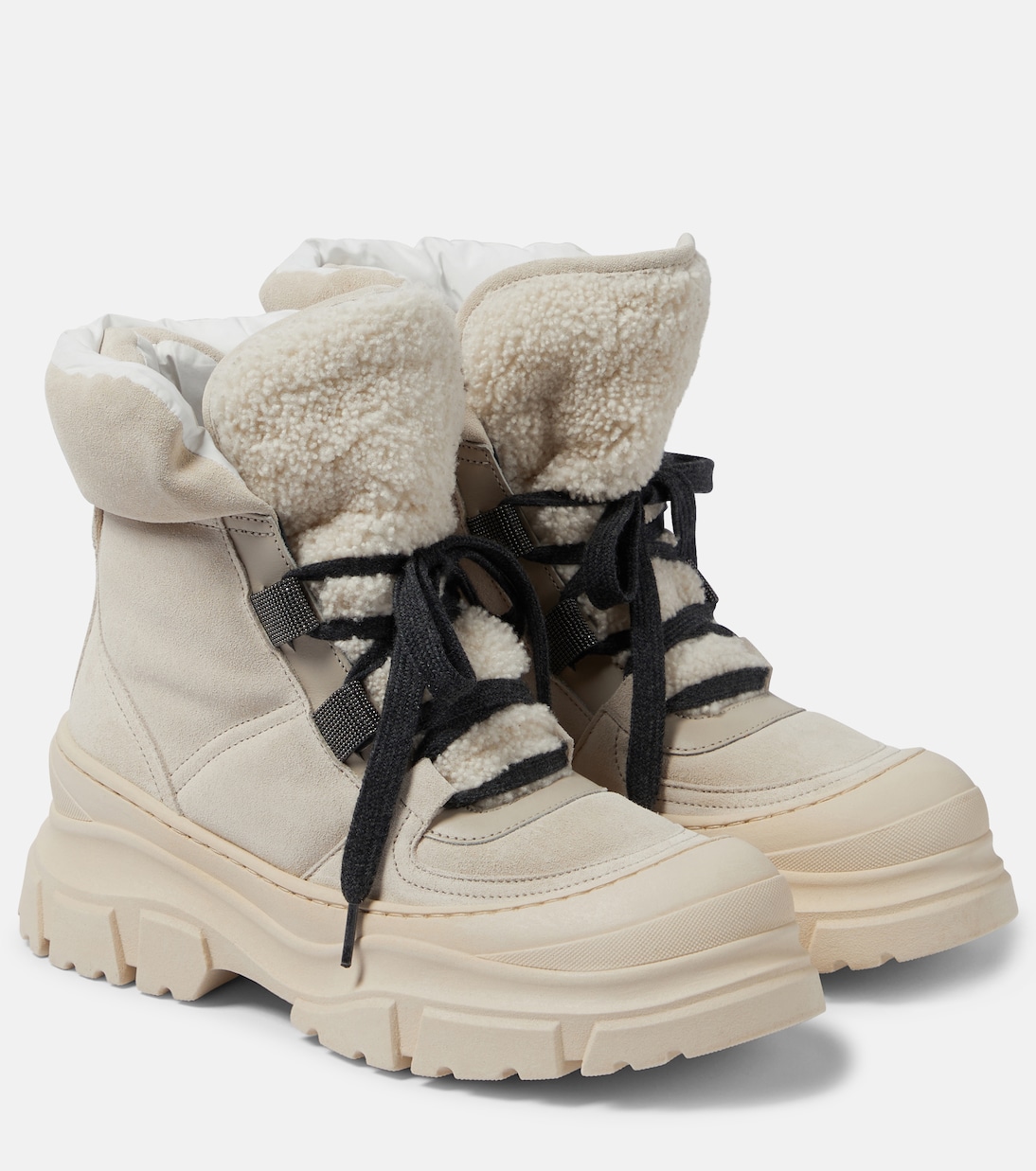 цена Замшевые ботинки на шнуровке на подкладке из овчины Brunello Cucinelli, бежевый