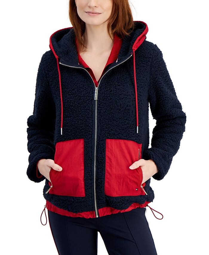 

Женская флисовая куртка из шерпа с контрастной отделкой и капюшоном Tommy Hilfiger, синий