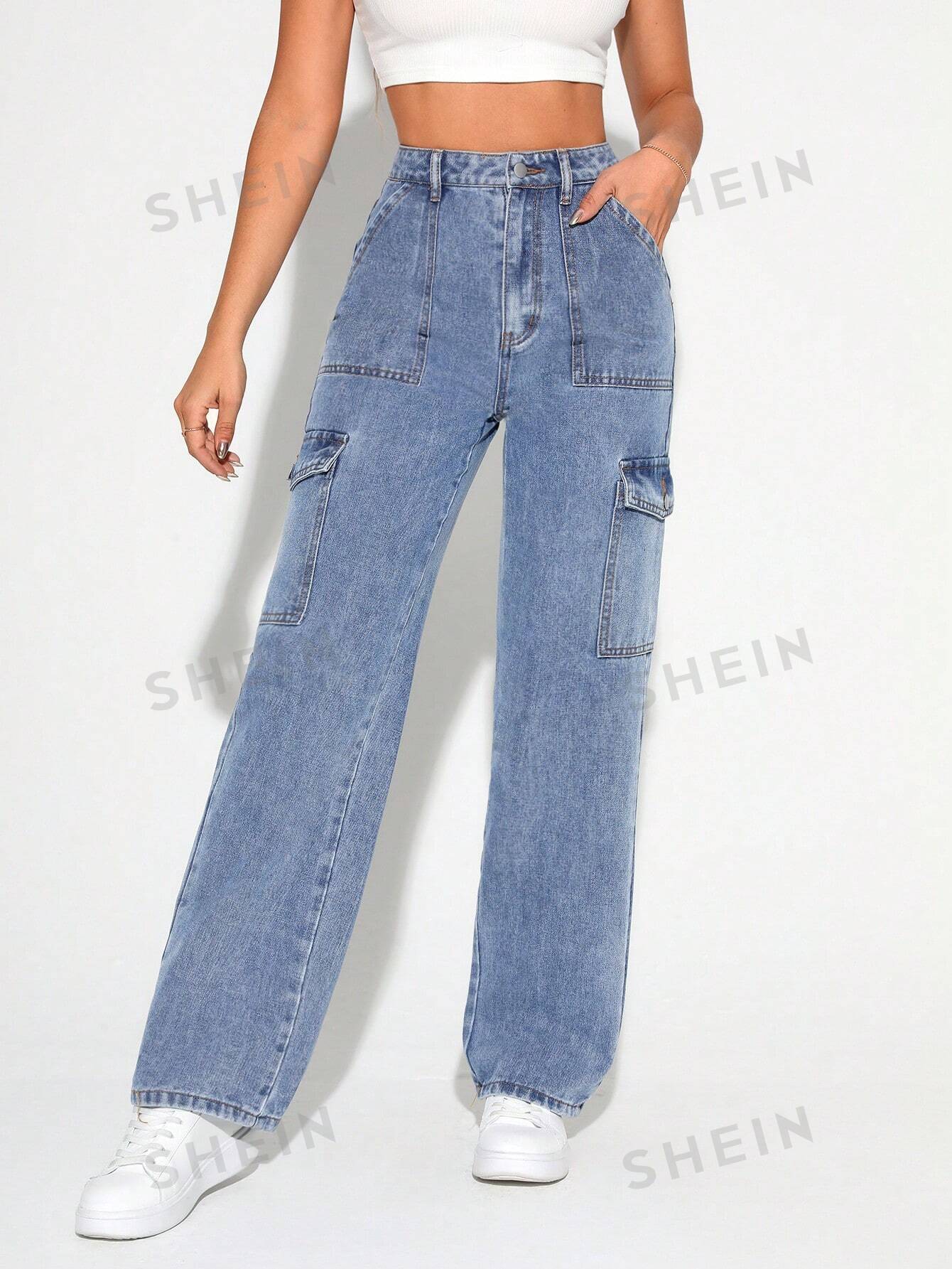 цена SHEIN Высокие женские джинсовые брюки карго из стираного материала, средняя стирка