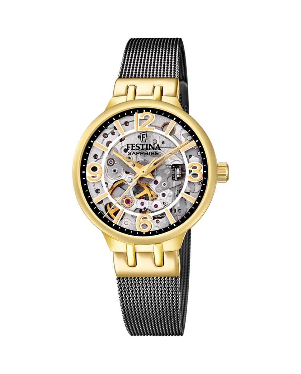 цена F20580/2 Автоматические женские часы Skeleton из черной стали Festina, черный