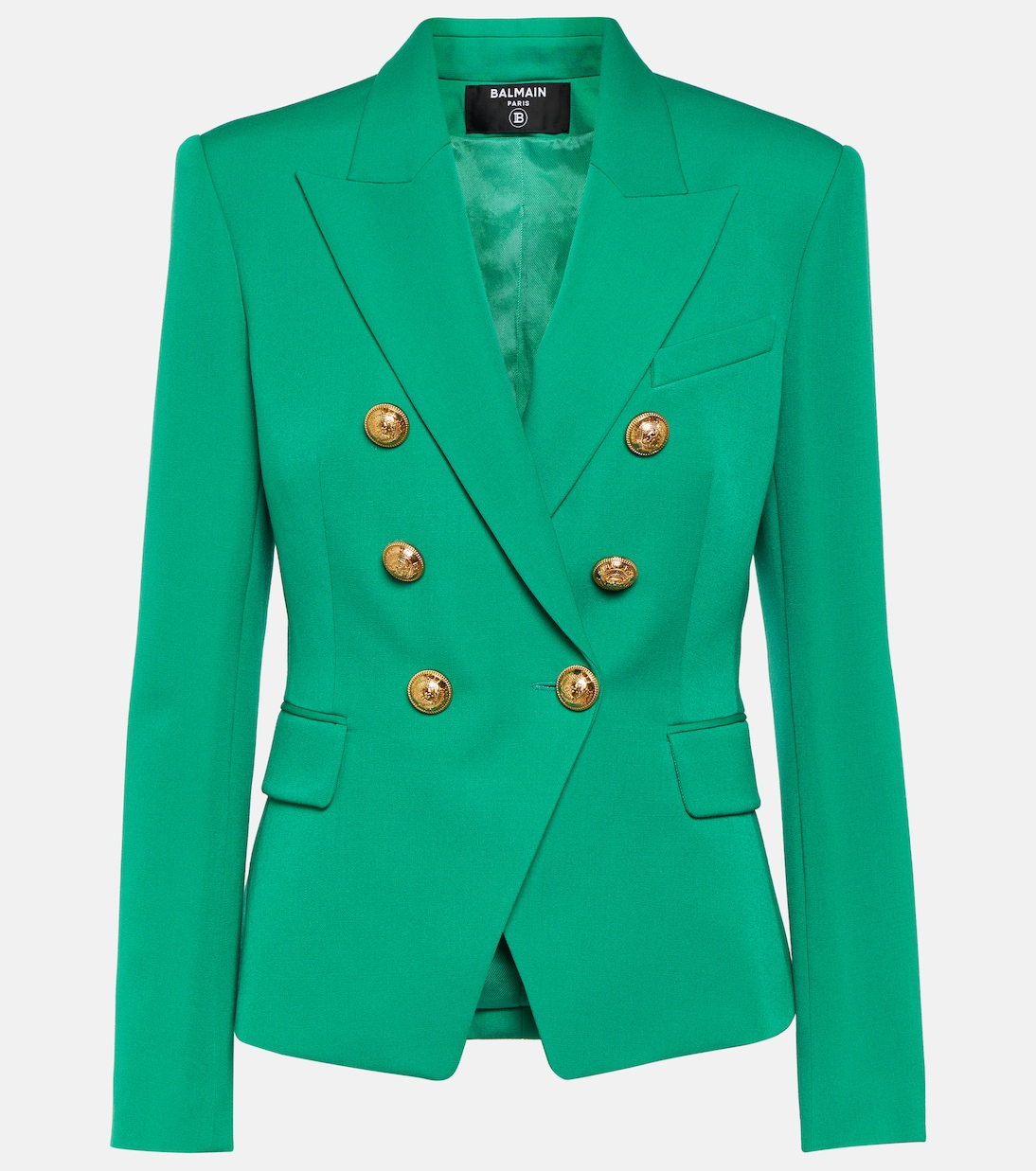цена Двубортный шерстяной пиджак Balmain, зеленый