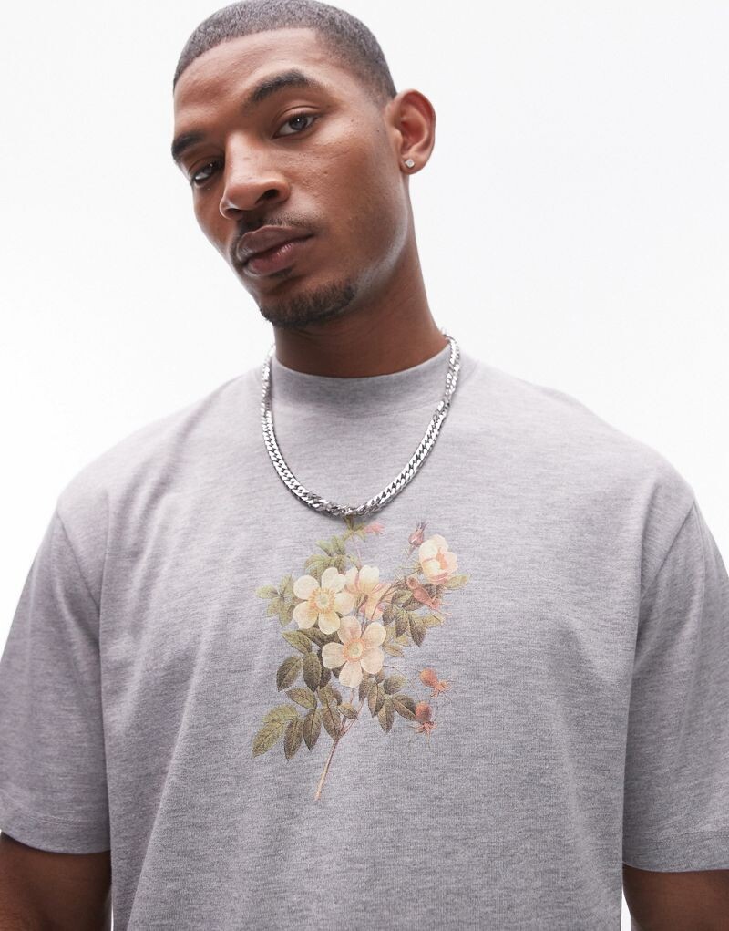 

Серая футболка оверсайз премиум-класса с вышитым принтом роз Topman