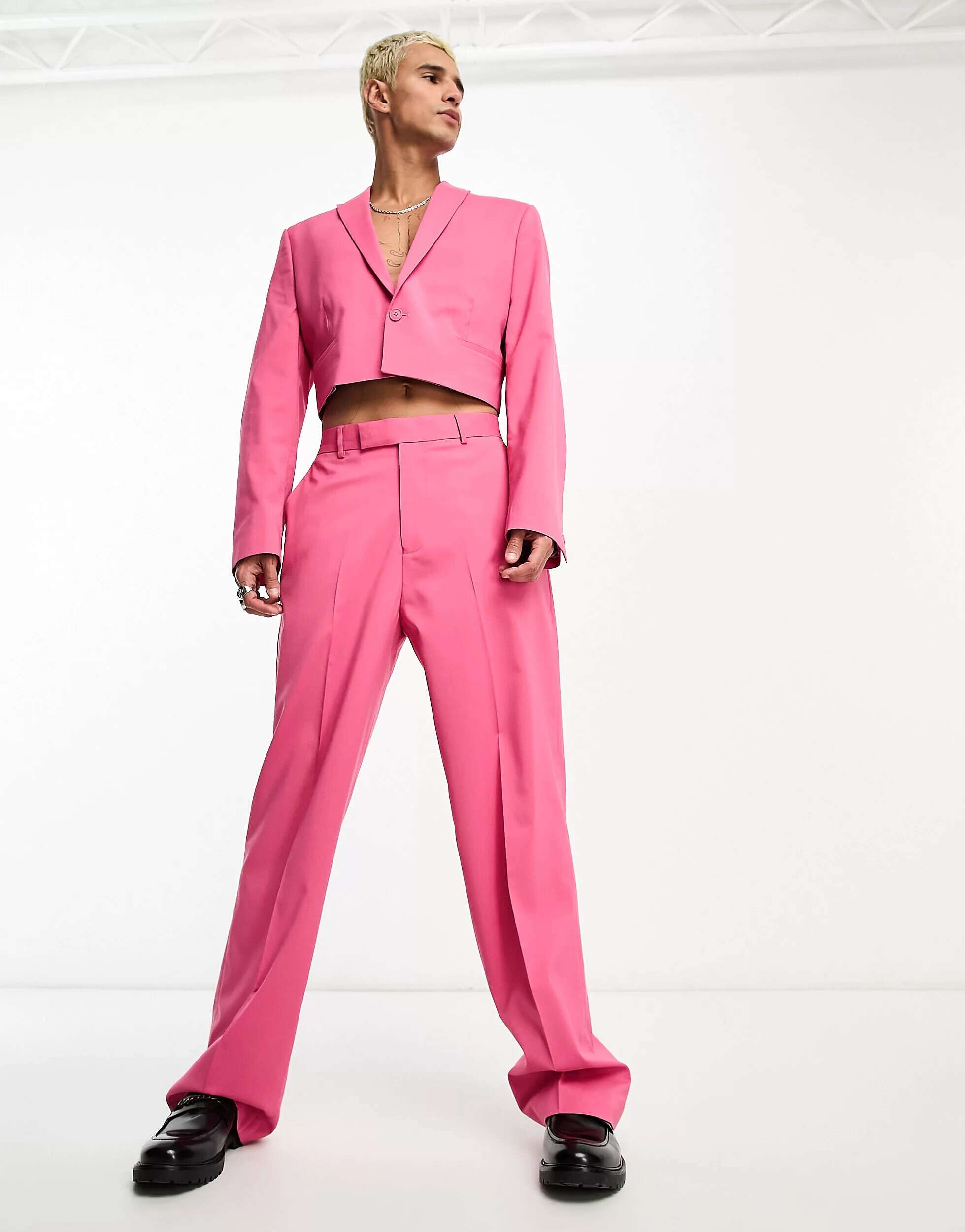 Ярко-розовые широкие костюмные брюки ASOS