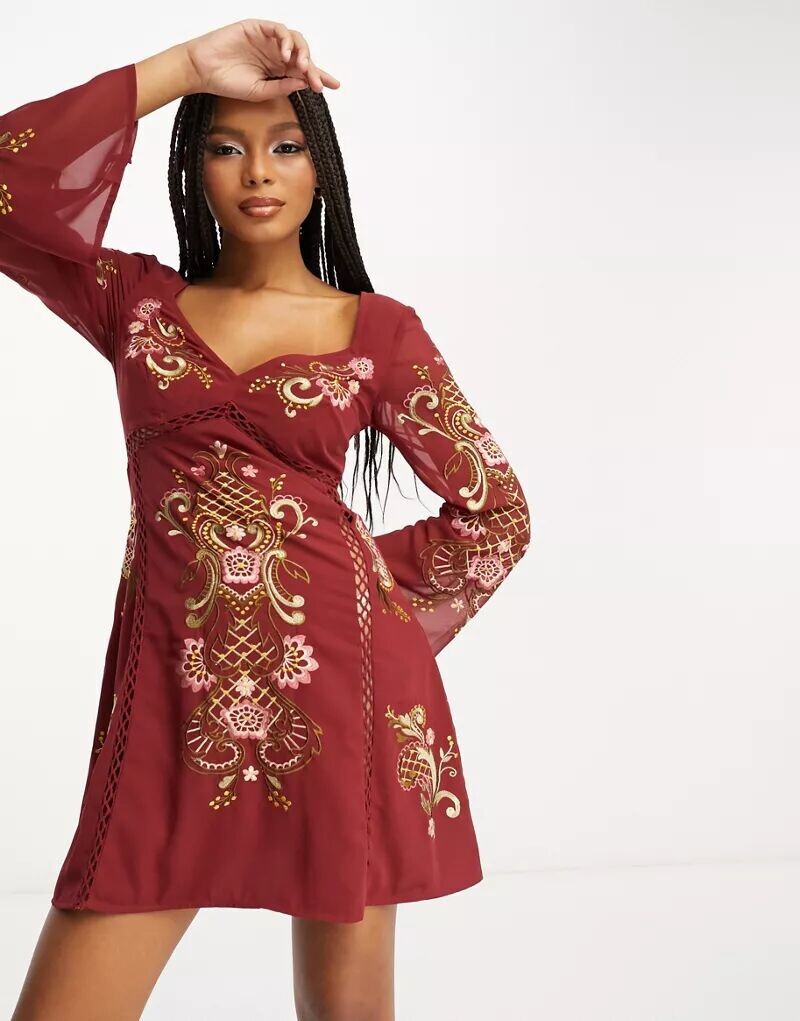 

Платье мини с длинными рукавами и сетчатой ​​деталью ASOS Design, Коричневый