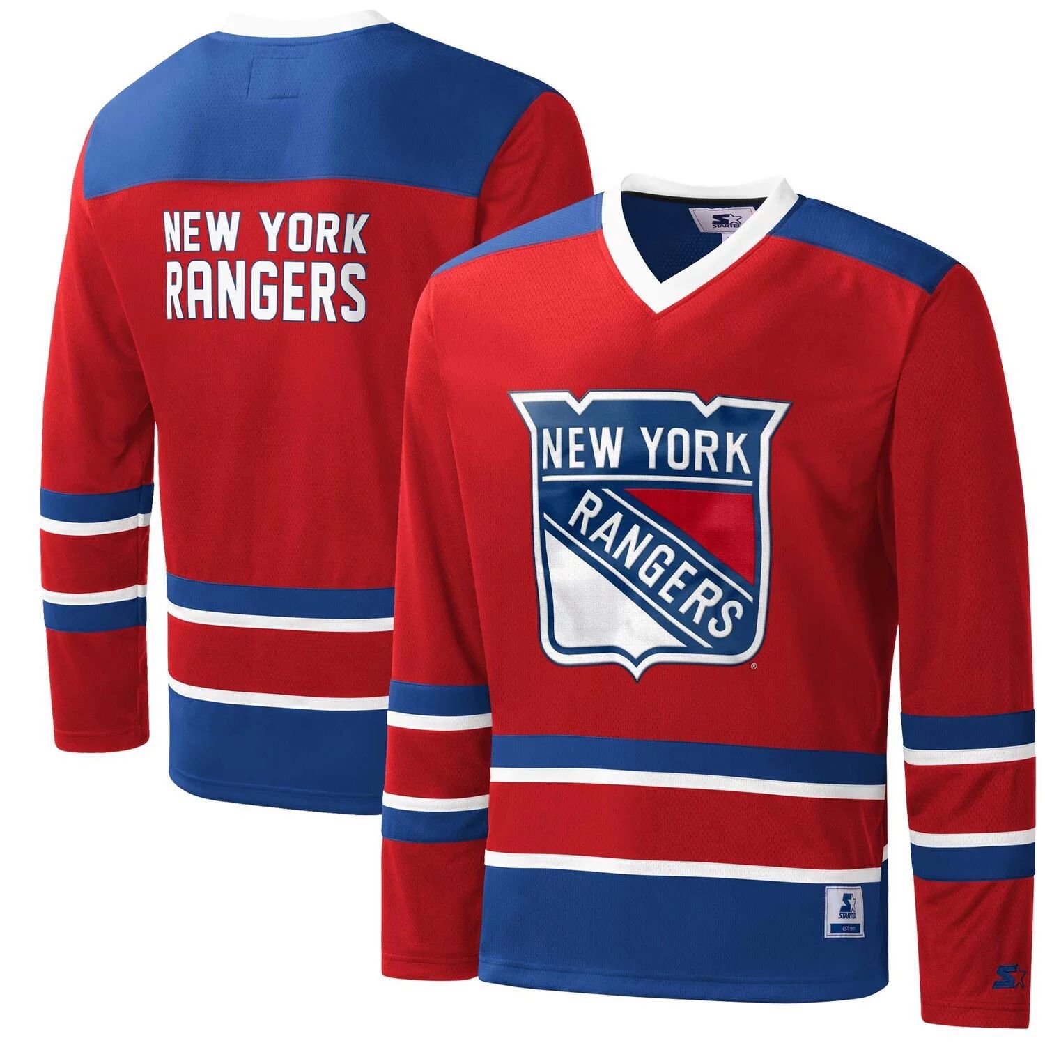 

Мужская стартовая красная/королевская футболка New York Rangers в перекрестную клетку с длинным рукавом и v-образным вырезом Starter, Красный