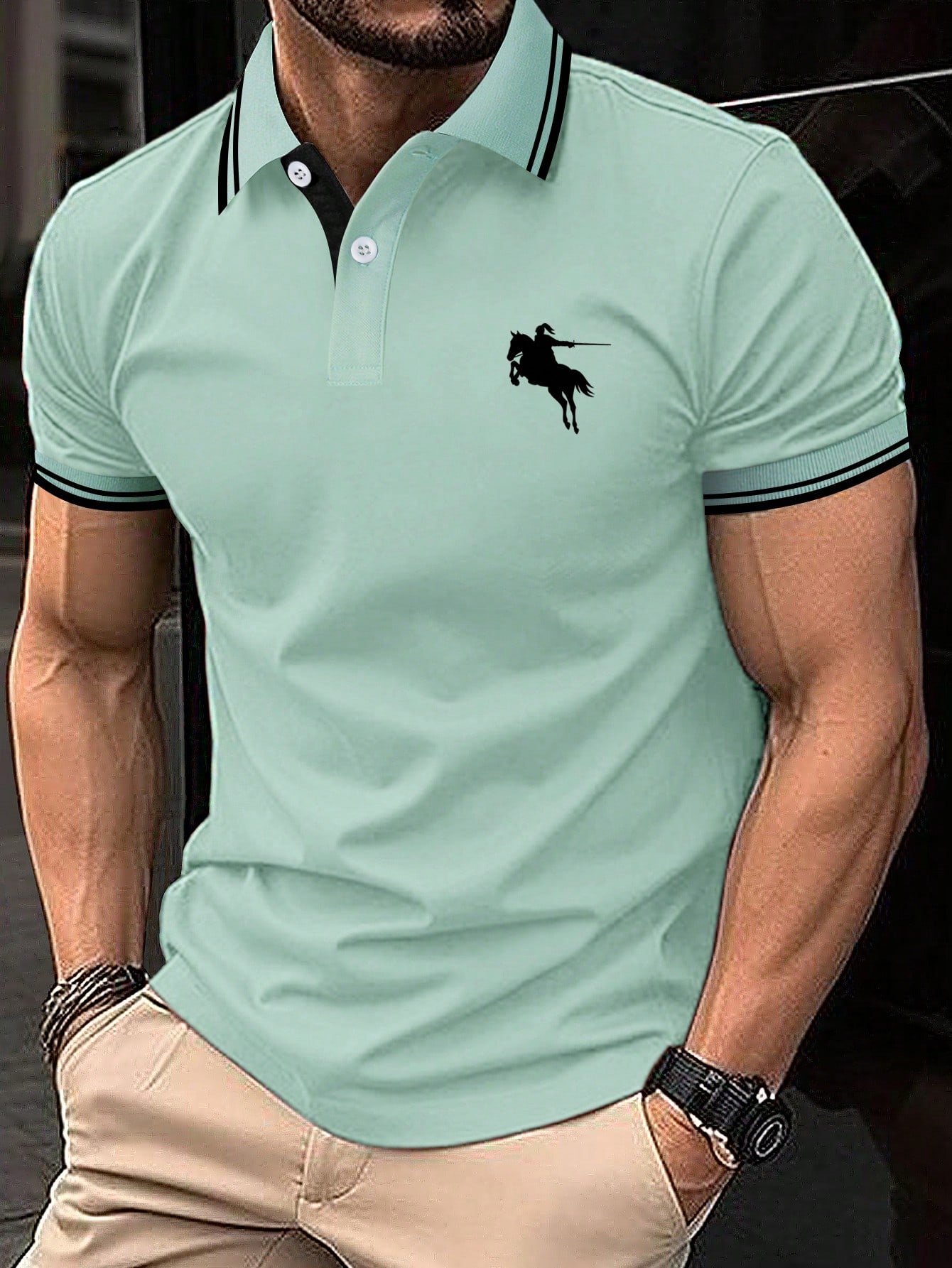 Мужская рубашка-поло с короткими рукавами и контрастной каймой Manfinity, зеленый цена и фото