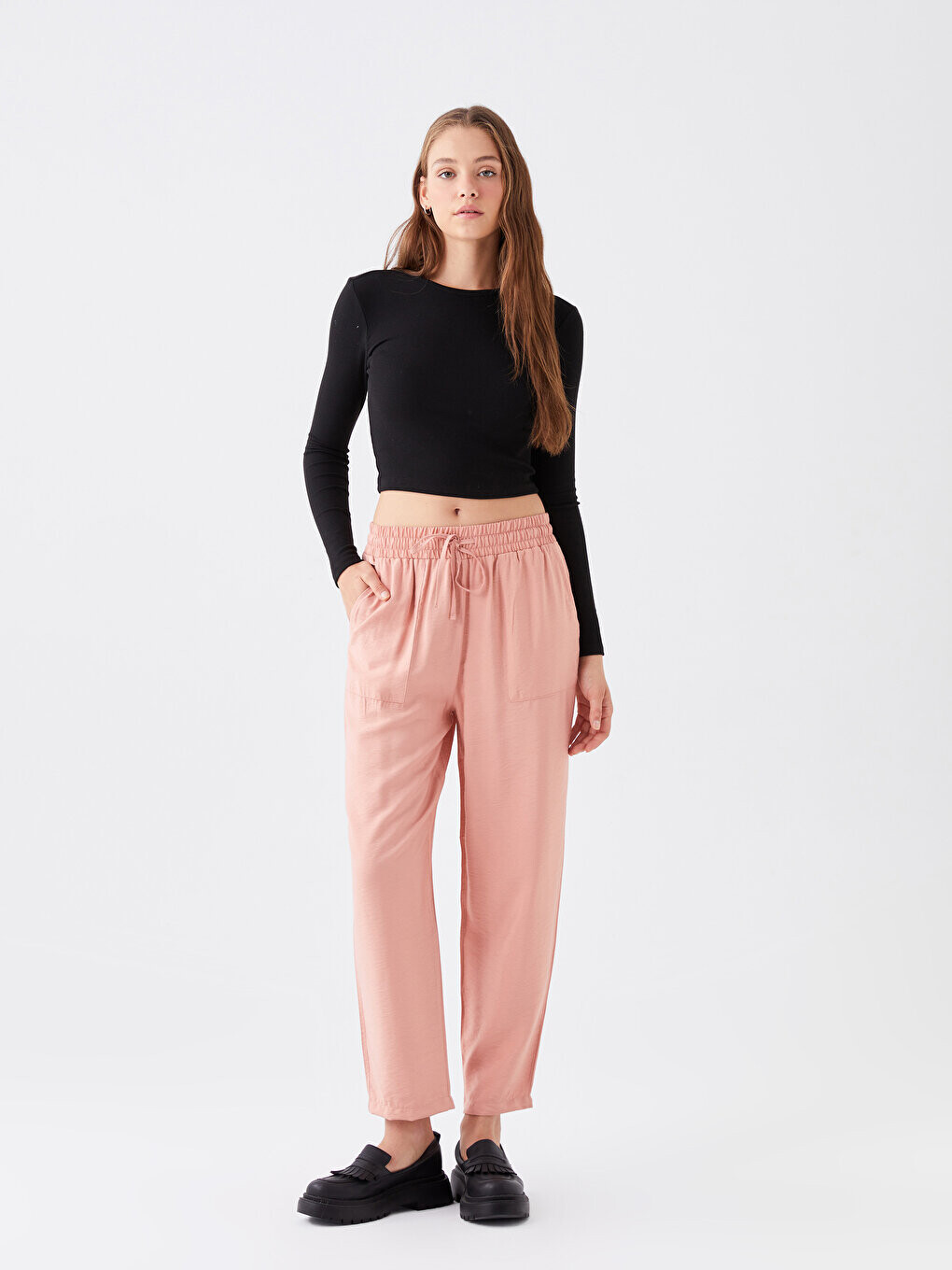 

Удобные женские брюки льняного цвета с эластичной резинкой на талии LCW Casual, грязно-розовый