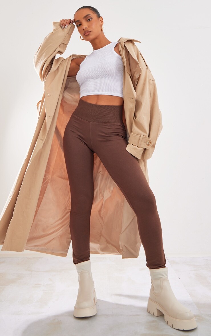 

PrettyLittleThing Коричневые хлопковые леггинсы в рубчик с поясом