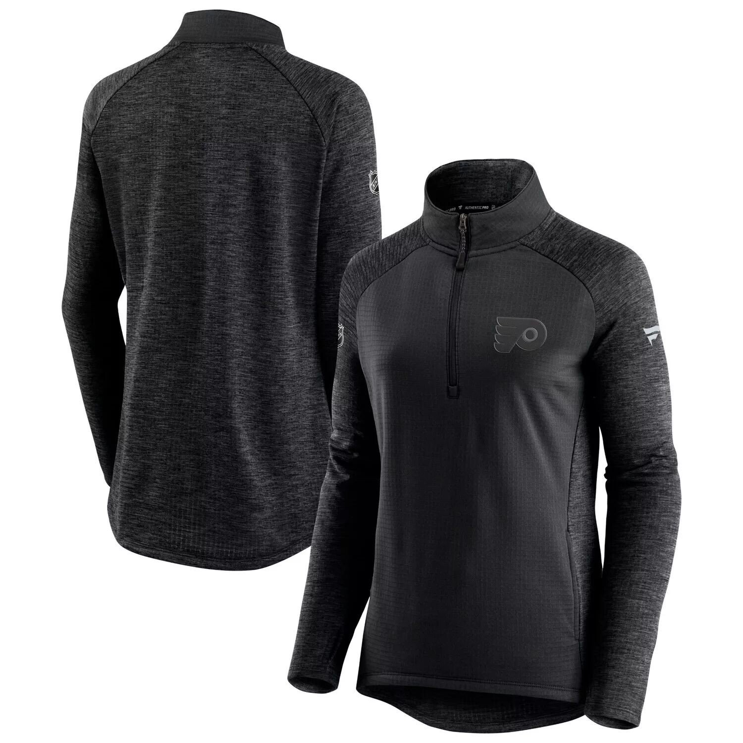 

Женская фирменная черная/темно-серая куртка Fanatics Philadelphia Flyers Authentic Pro Travel & Training с молнией на четверть длины реглан Fanatics