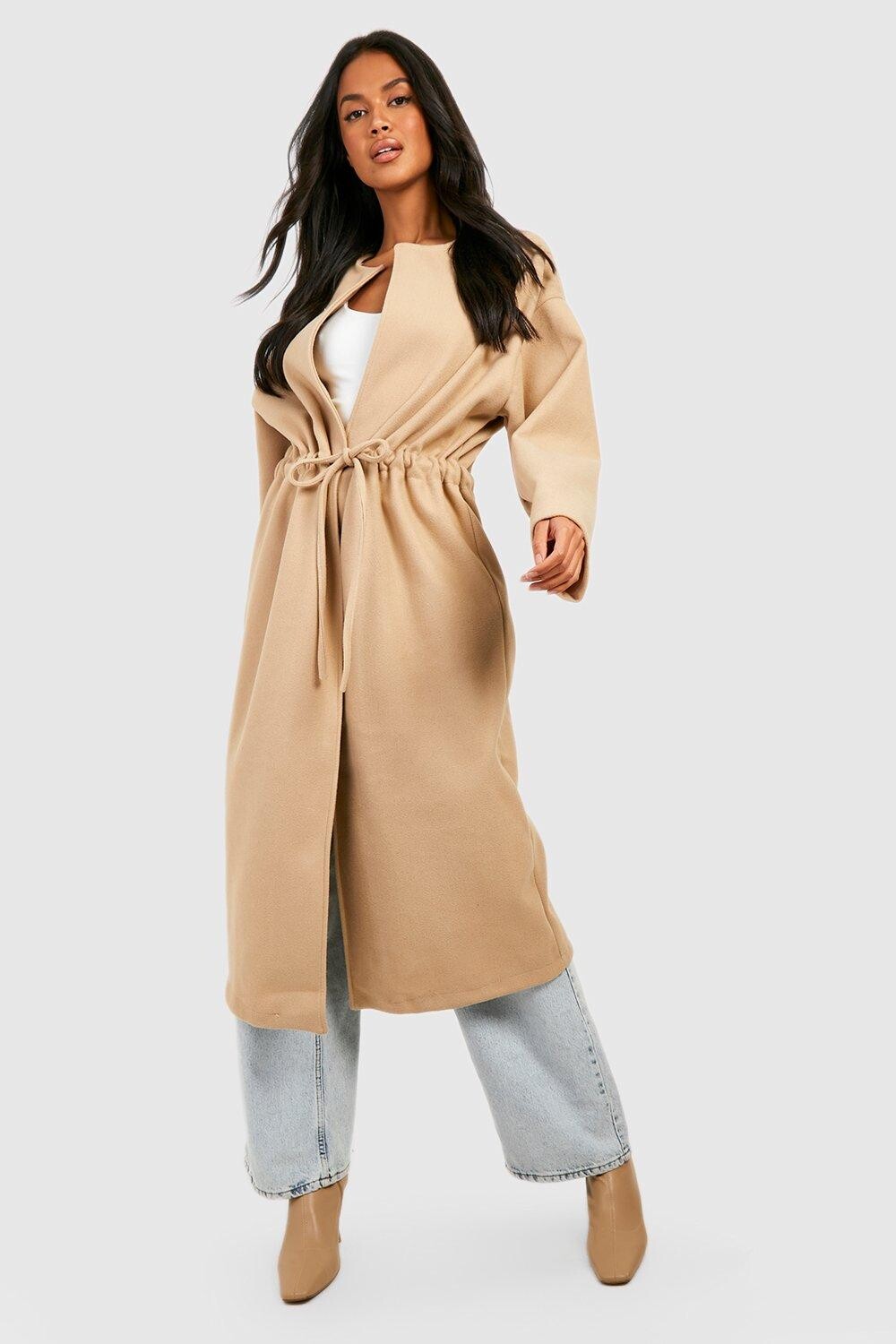 

Шерстяное пальто без воротника с поясом Boohoo, серый