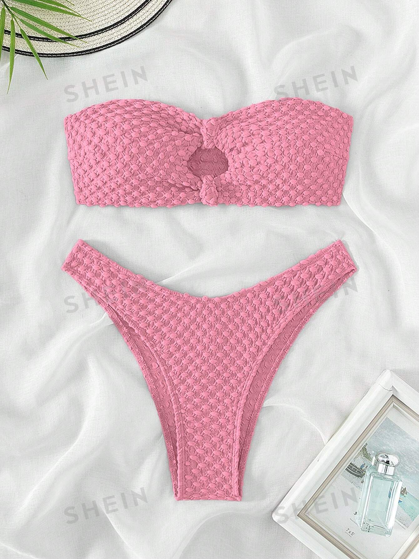 SHEIN Swim Basics Женский текстурированный купальник-бандо из двух частей с V-образным вырезом на талии, пыльный розовый