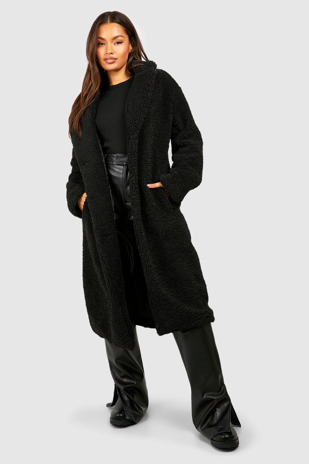 

Длинное плюшевое пальто boohoo, черный