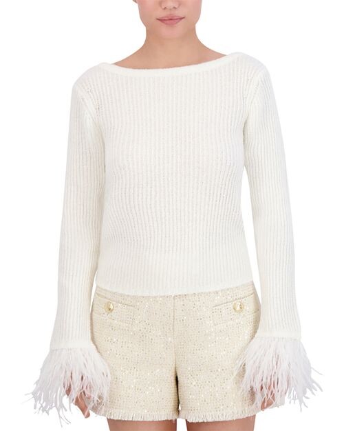 

Топ с длинными рукавами и отделкой перьями BCBGMAXAZRIA, цвет White