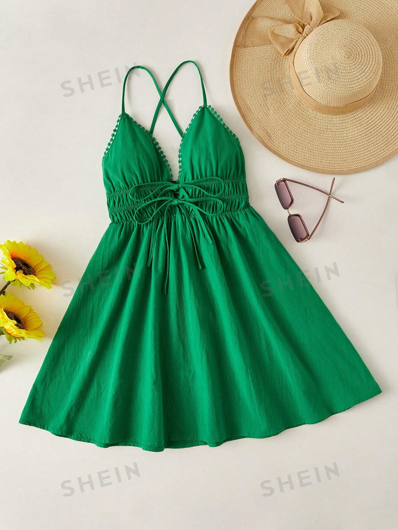 SHEIN WYWH Женское однотонное платье на тонких бретельках с завязками на талии, зеленый