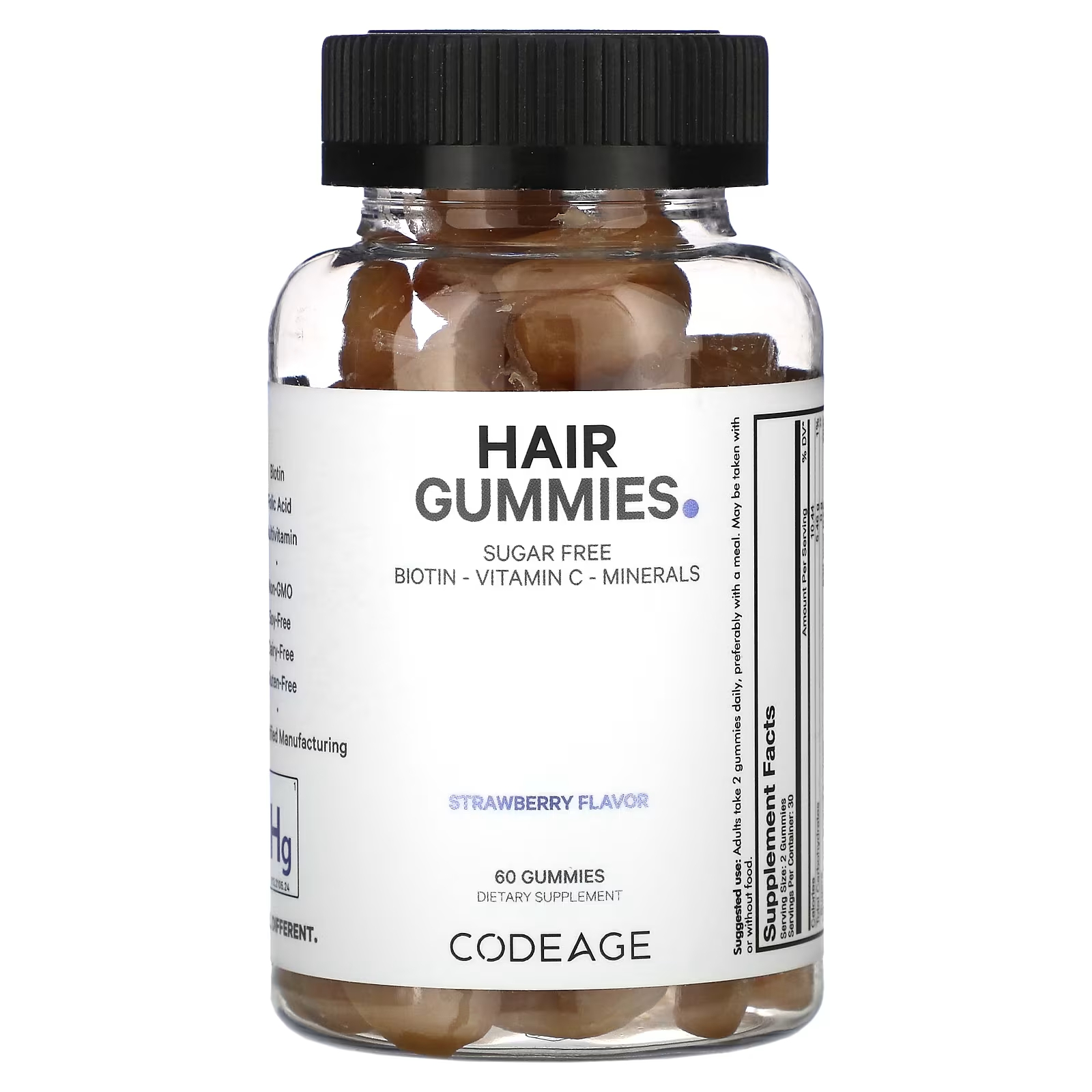 Пищевая добавка для волос Codeage с клубникой, 60 жевательных конфет витамины для иммунитета codeage малина 60 жевательных конфет