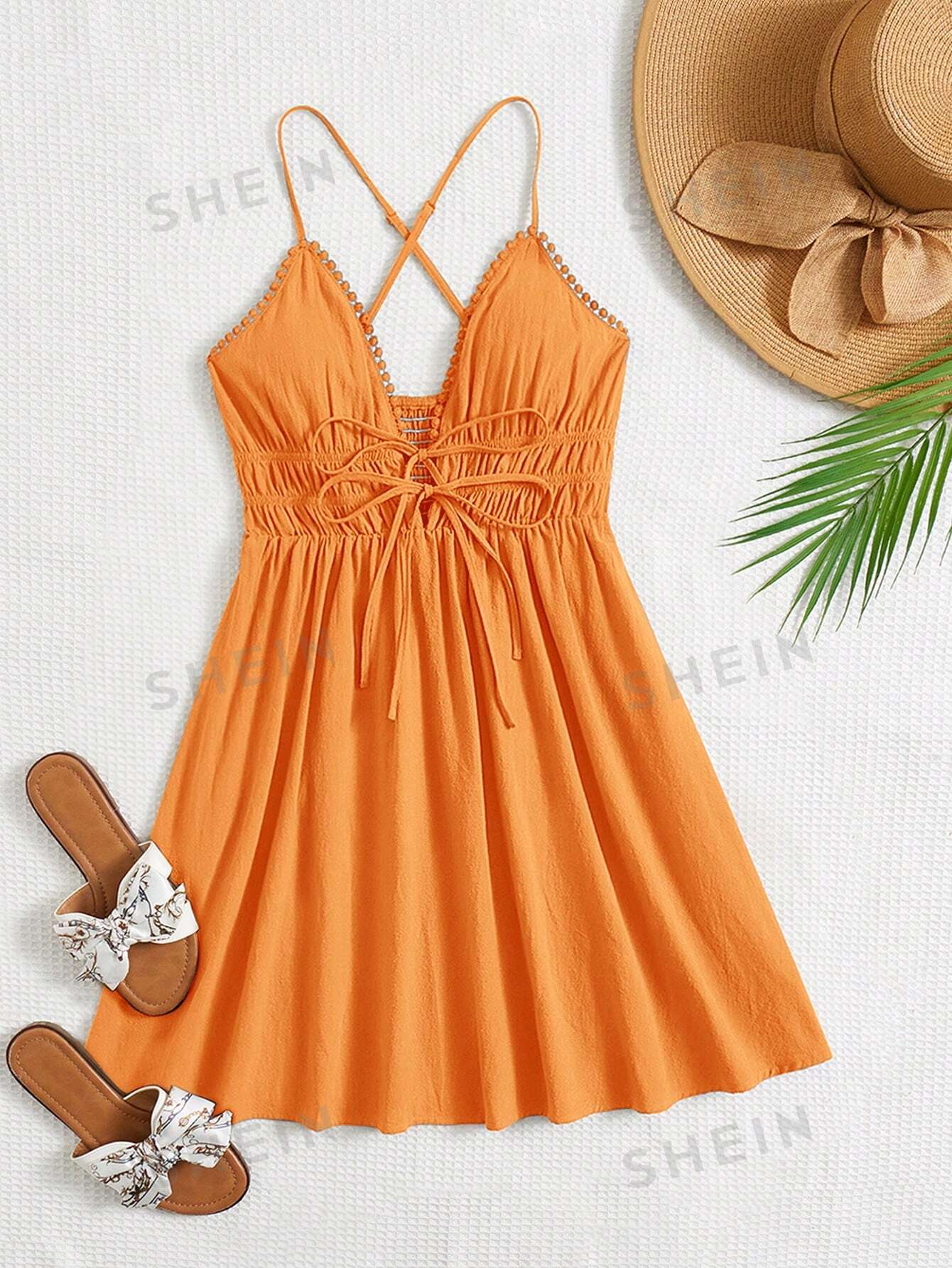 SHEIN WYWH Женское однотонное платье на тонких бретельках с завязками на талии, апельсин найтис клио лето в стиле ампир