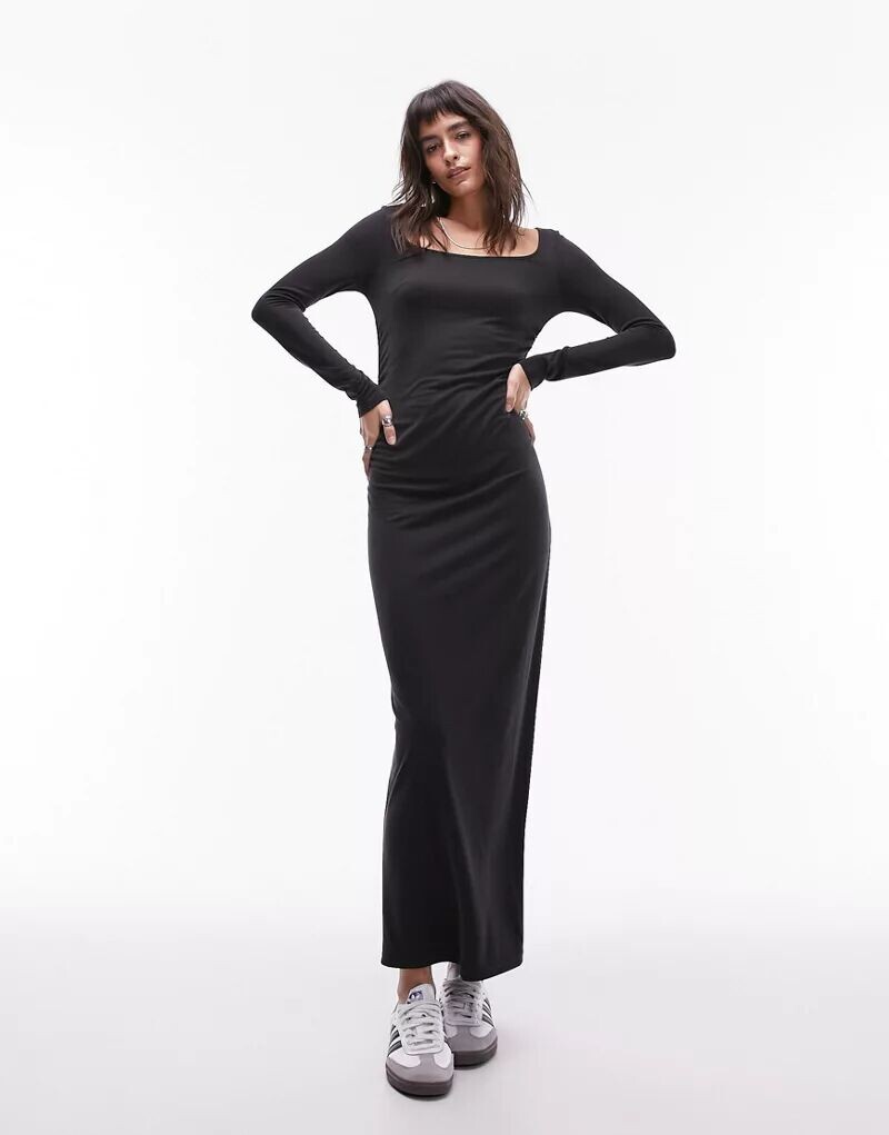 

Платье миди Topshop из очень мягкой ткани темно-серого цвета с длинными рукавами и рюшами спереди