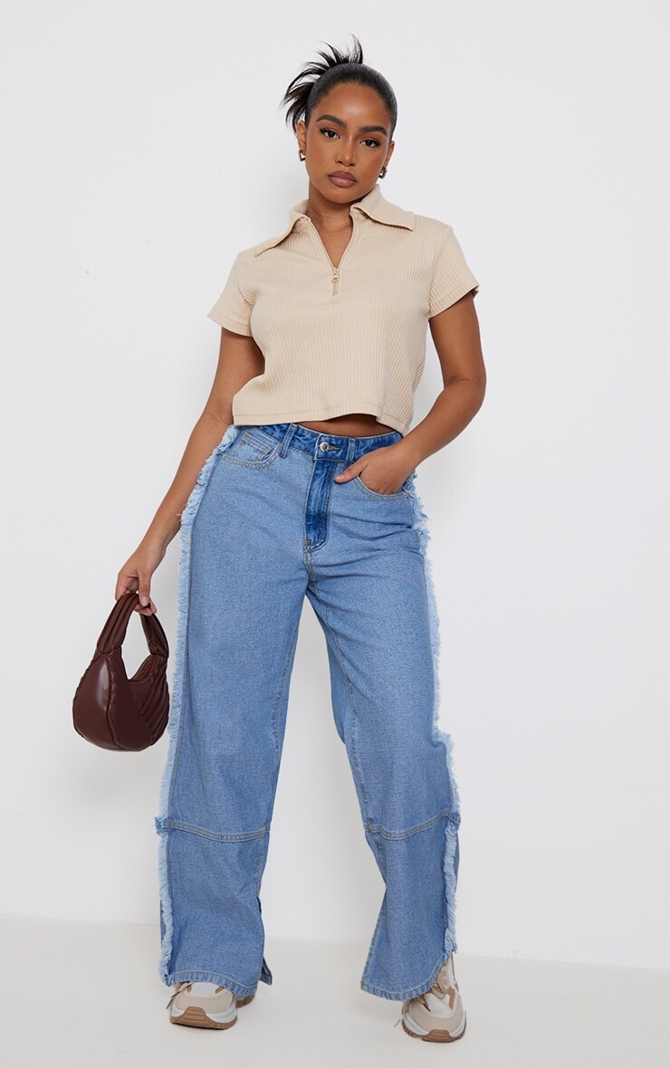 

PrettyLittleThing Укороченный топ Petite New телесного цвета в рубчик на молнии