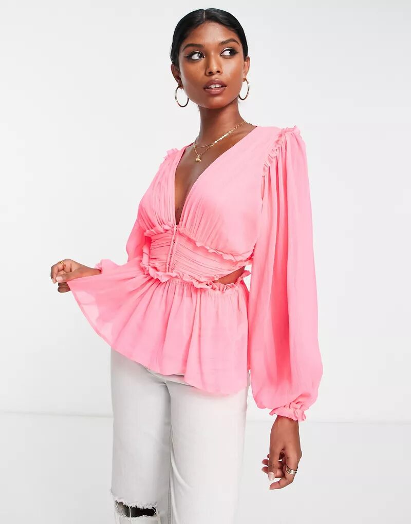 Неоново-розовая прозрачная блузка со складками на талии и вырезом на спине ASOS