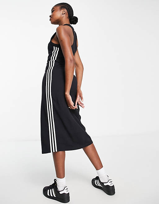

Черное платье миди без рукавов с тремя полосками adidas Originals