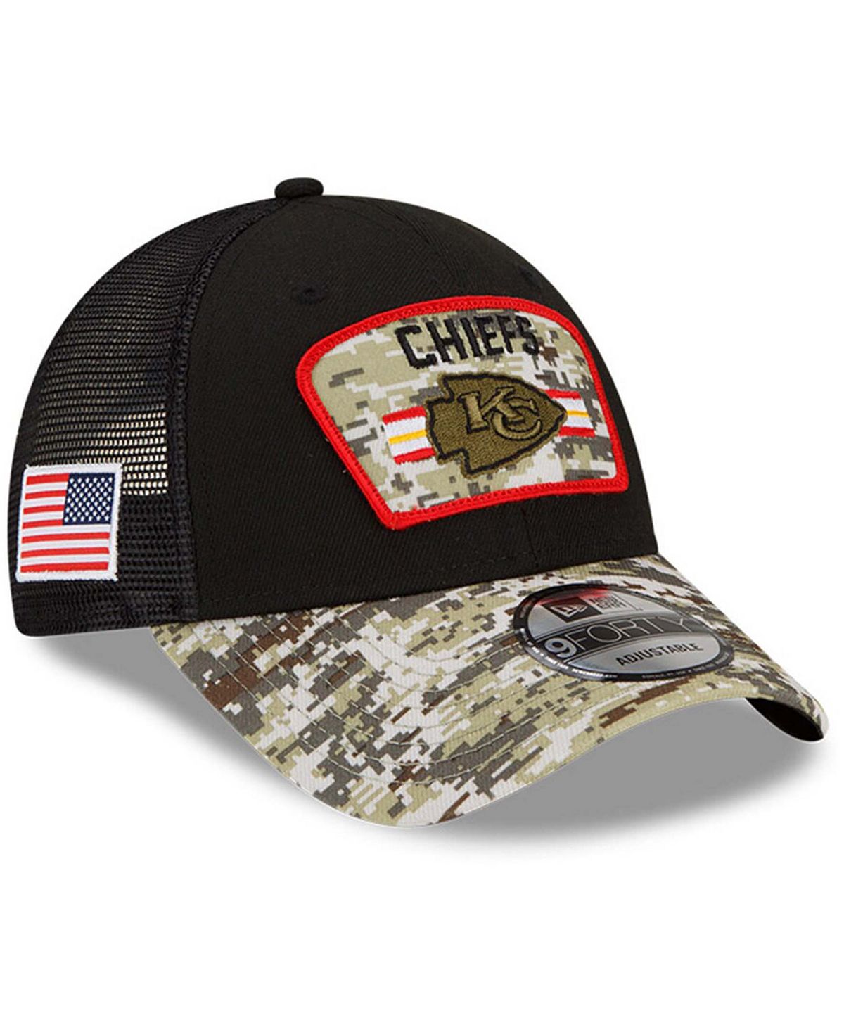 

Мужская черная камуфляжная регулируемая кепка Kansas City Chiefs 2021 Salute To Service Trucker 9FORTY Snapback New Era