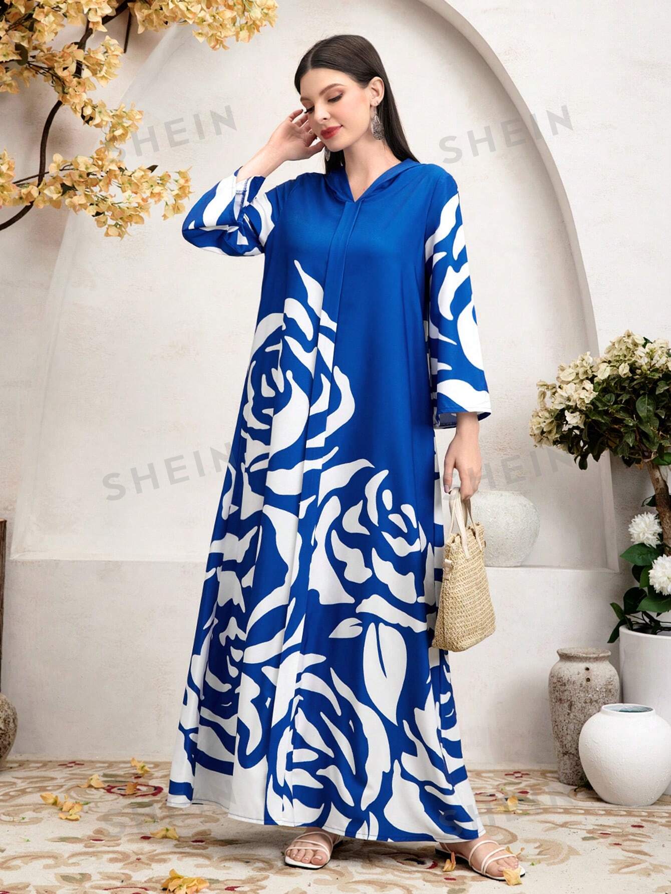 SHEIN Платье с капюшоном и принтом Mulvari, синий цена и фото