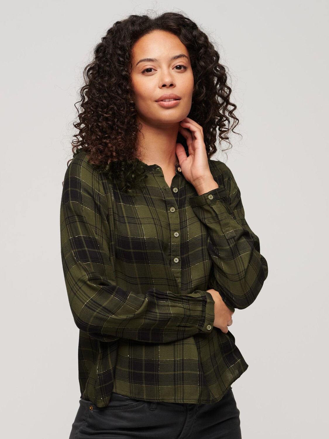 

Блуза в клетку Western с люрексом и длинными рукавами Superdry, зеленый/серый