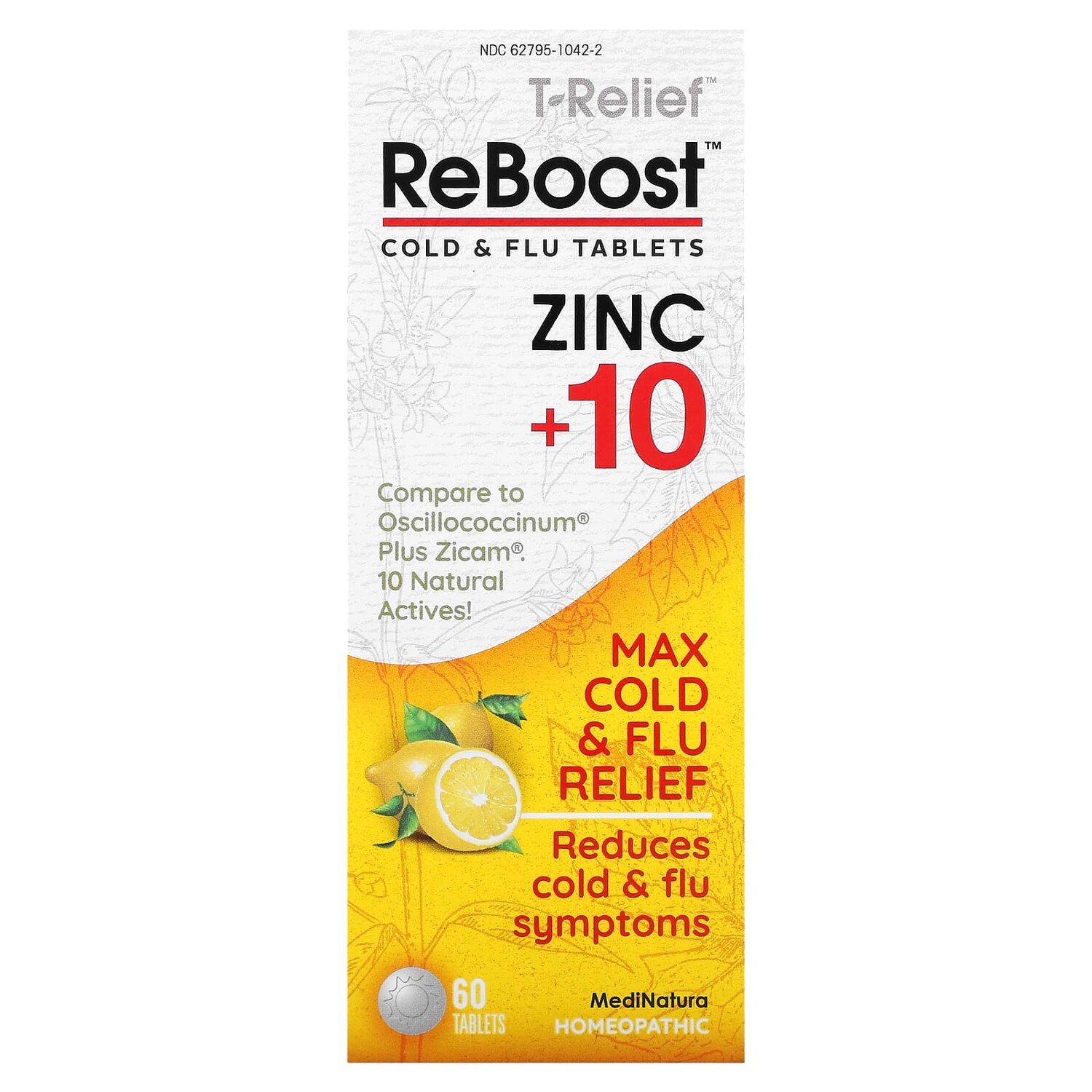

T-Relief, ReBoost, цинк + 10 ингредиентов, таблетки от простуды и гриппа, 60 таблеток, MediNatura
