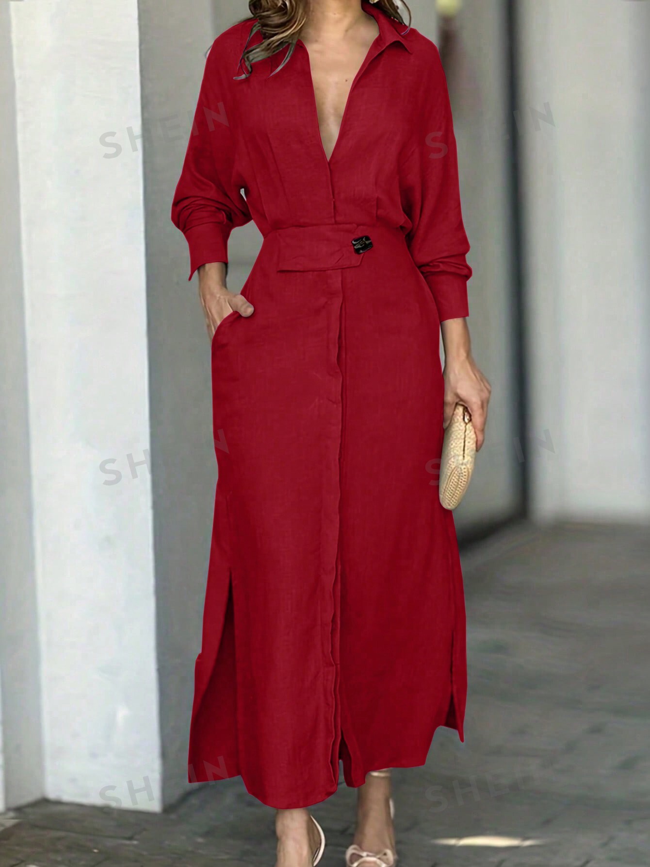 SHEIN Privé Однотонное платье макси с v-образным вырезом, красный