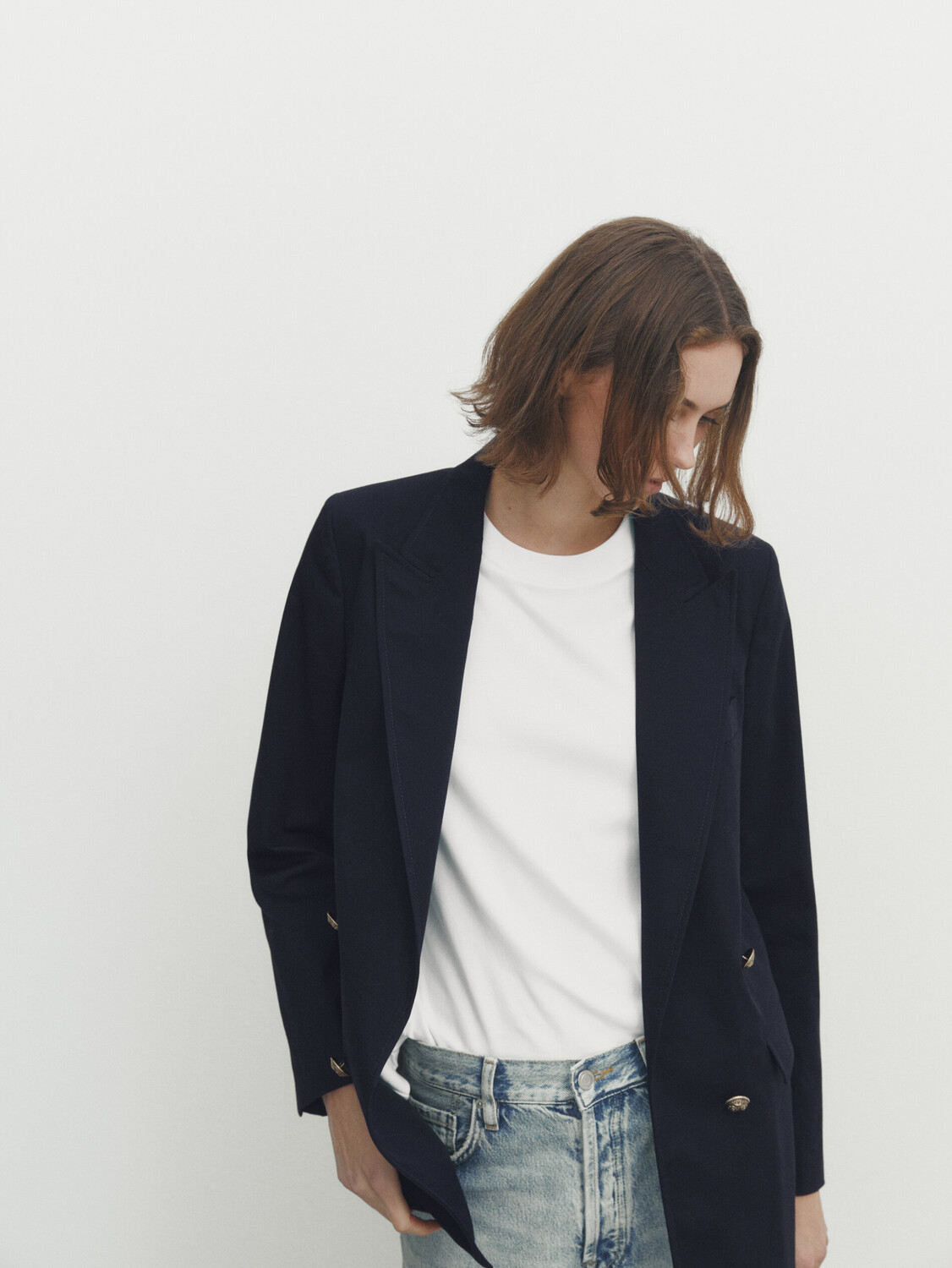 

Пиджак двубортный, золотой, на пуговицах Massimo Dutti, темно-синий