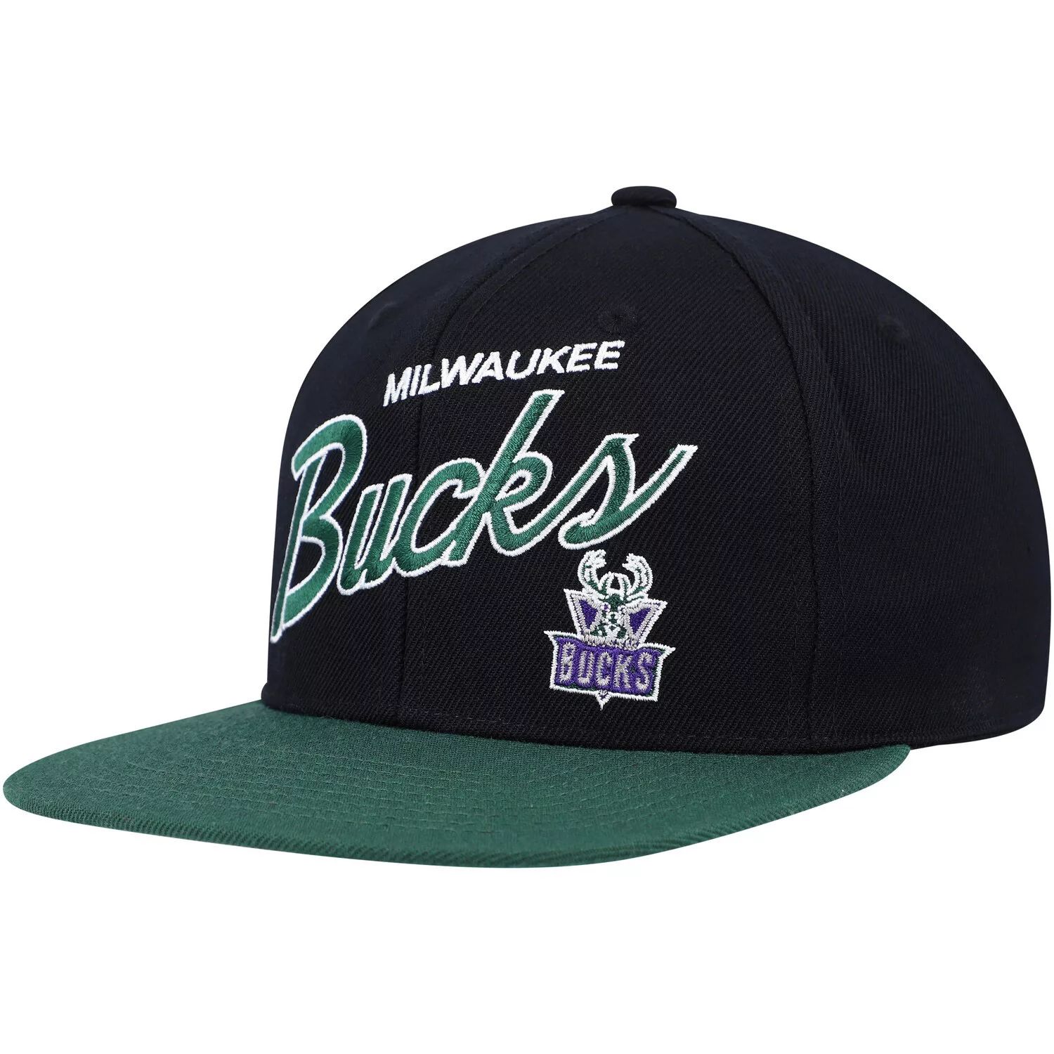 

Мужская приталенная шляпа Mitchell & Ness Black/Hunter Green Milwaukee Bucks Team Script 2.0