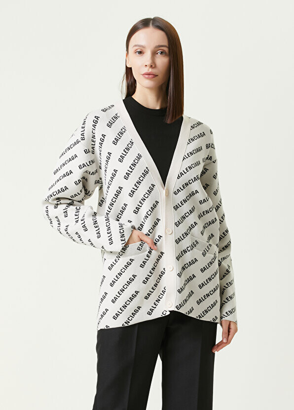 

Бело-черный кардиган с v-образным вырезом и логотипом Balenciaga