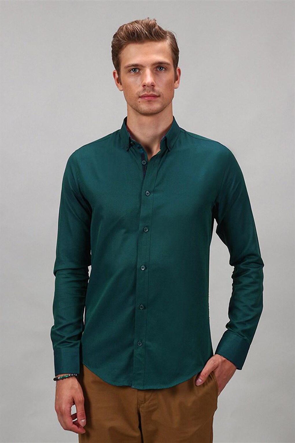 Мужская оксфордская рубашка Slim Fit из поплина зеленая TUDORS, зеленый