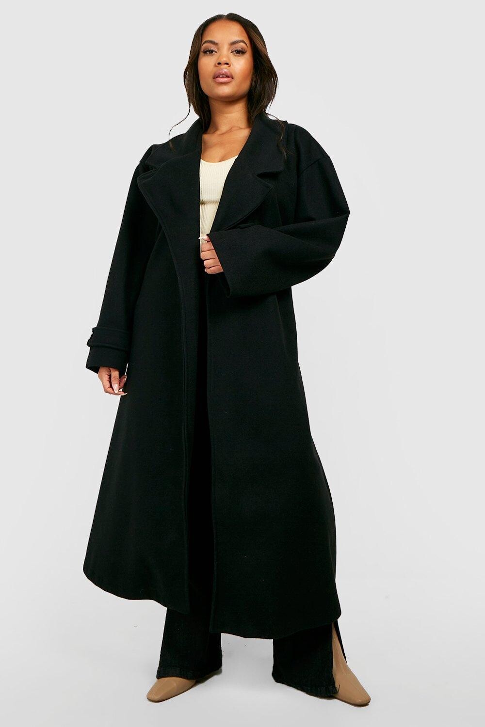 

Тренч Plus с шерстяным узором и поясом boohoo, черный