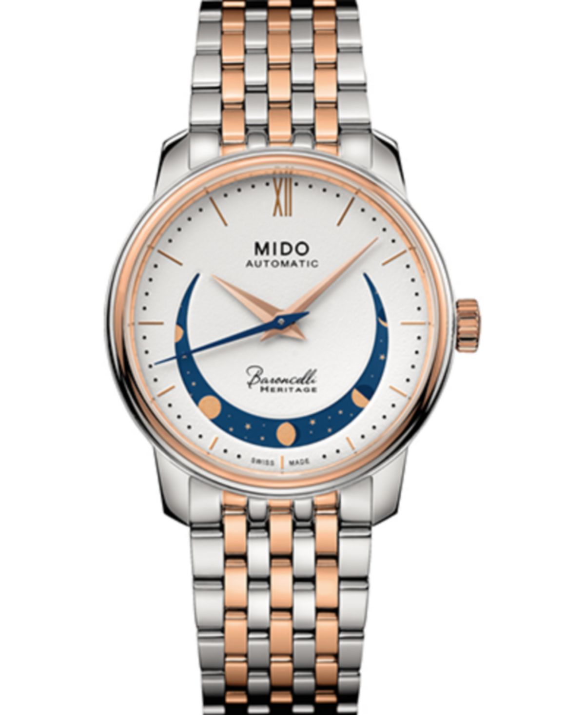 Женские швейцарские автоматические часы Baroncelli Smiling Moon, двухцветный браслет из нержавеющей стали, 33 мм Mido, белый цена и фото