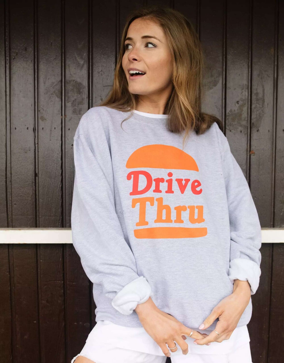 

Серая толстовка унисекс с надписью Drive Thru и изображением гамбургера Batch1, Серый