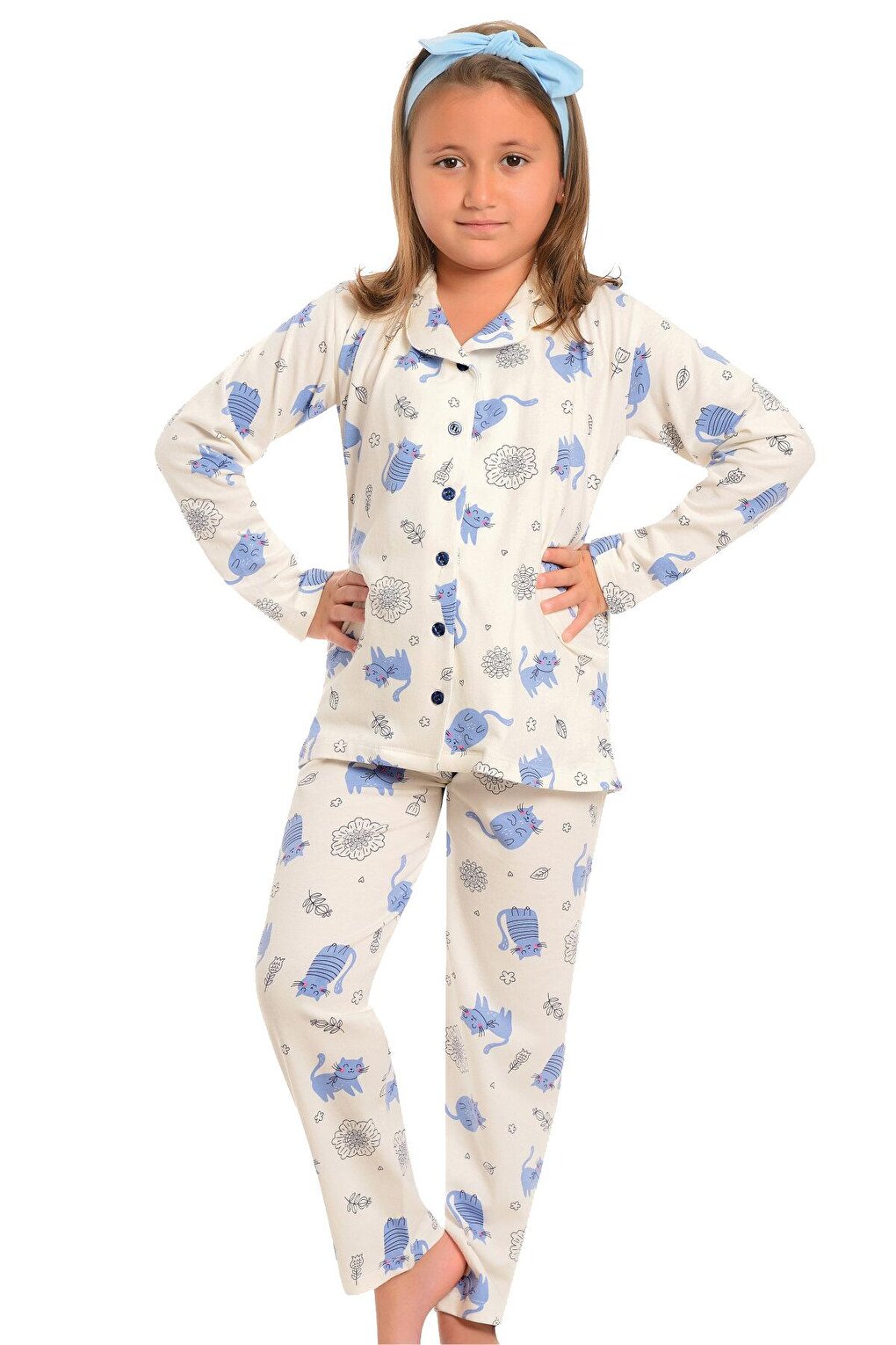 цена Хлопковый пижамный комплект с длинными рукавами и рисунком для девочек с прямыми штанинами LITTLE FROG KIDS, экрю-беби-голубой