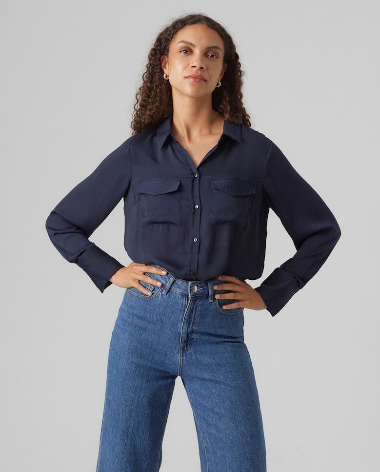 

Женская рубашка с длинными рукавами и карманами Vero Moda, темно-синий