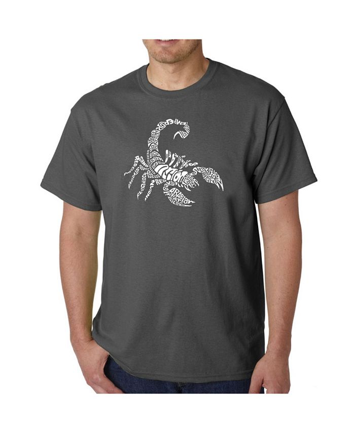 созвездие скорпиона Мужская футболка с рисунком Word Art — Виды скорпионов LA Pop Art, серый